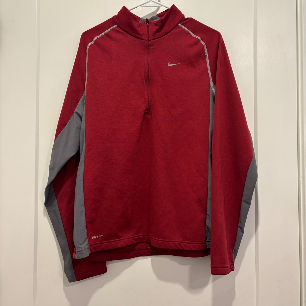 Nike Team NikeFIT Therma Mens Large Red Grey Quarter Zip Pullover Training Top